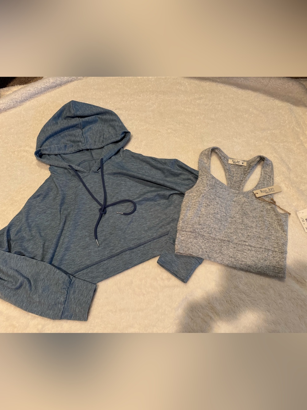 Heather Gray Ribbed Racerback Bralette and Slate Blue Cropped Hoodie Bundle